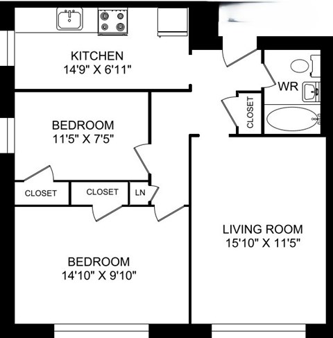 A black and white image of a floor plan for a home with a kitchen, two bedrooms, a living room, and a closet.